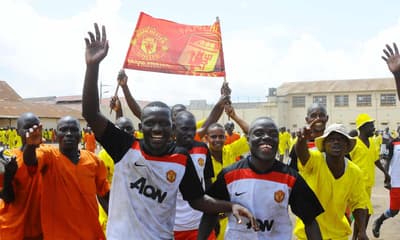 A maximum-security prison in Uganda has a soccer league (run and played by prisoners), with an annual soccer tournament. The tournament is taken very seriously; they have a uniforms, referees, cleats, and a 30-page constitution. The winning team gets prizes such as soap, sugar, and a goat.