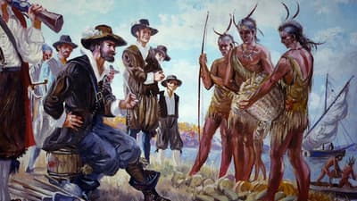 Pocahontas et Squanto étaient tous deux à Londres dans un délai de deux mois en 1617. Pocahontas vivait avec le trésorier de la Virginia Company et Squanto vivait avec le trésorier de la Newfoundland Company.